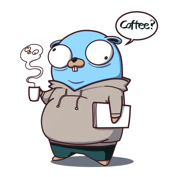 A clumsy gopher, wearing a brown sweatshirt and dark green pants, carrying some roles and having a coffee