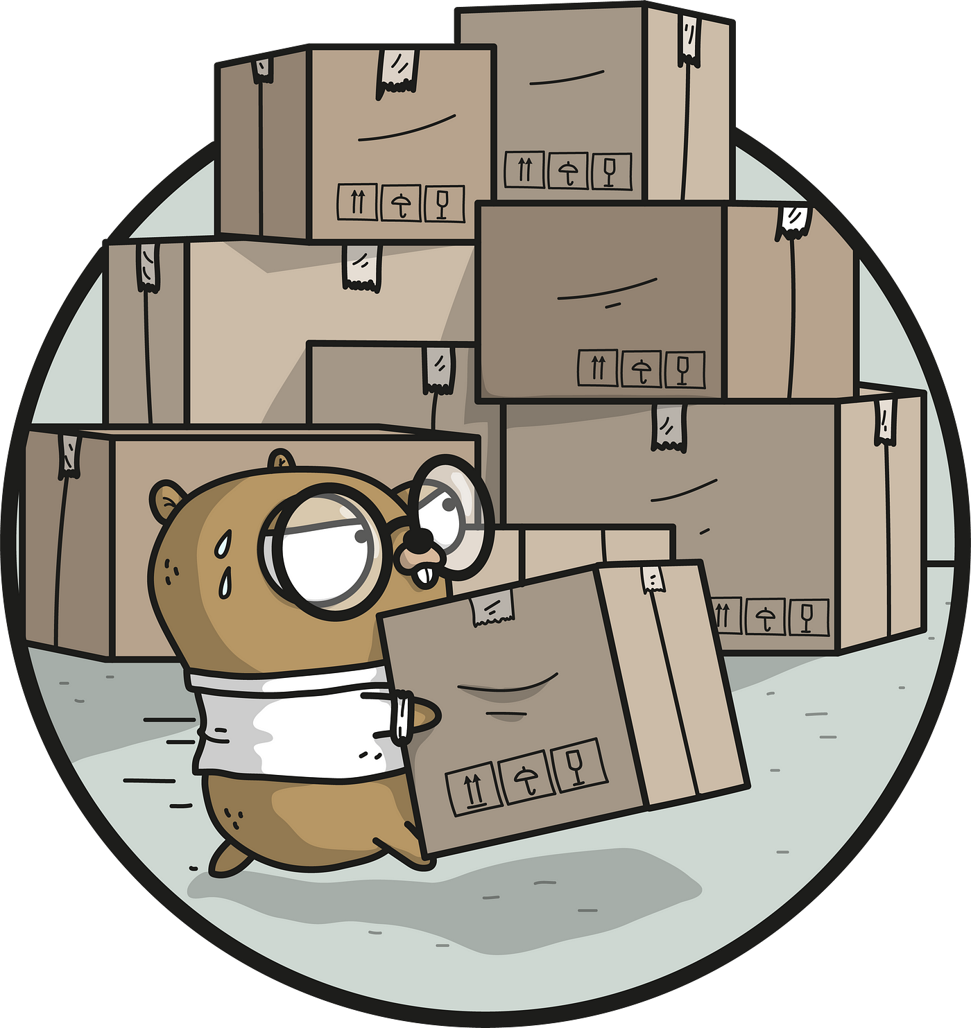 A brown gopher with glasses and white shirt, organizing boxes in a warehouse