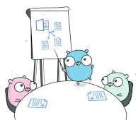 Three gophers in a meeting, where one is explaining graphics on a slate while the others watch sitting on a round table