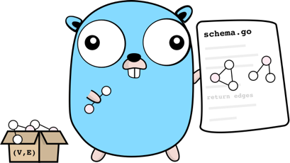 A gopher with a box of small pieces and a paper where it fits them with the name Schema.go written at the top